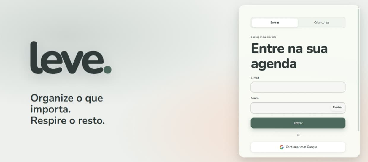 Tela do Leve com agenda pessoal e tarefas organizadas.